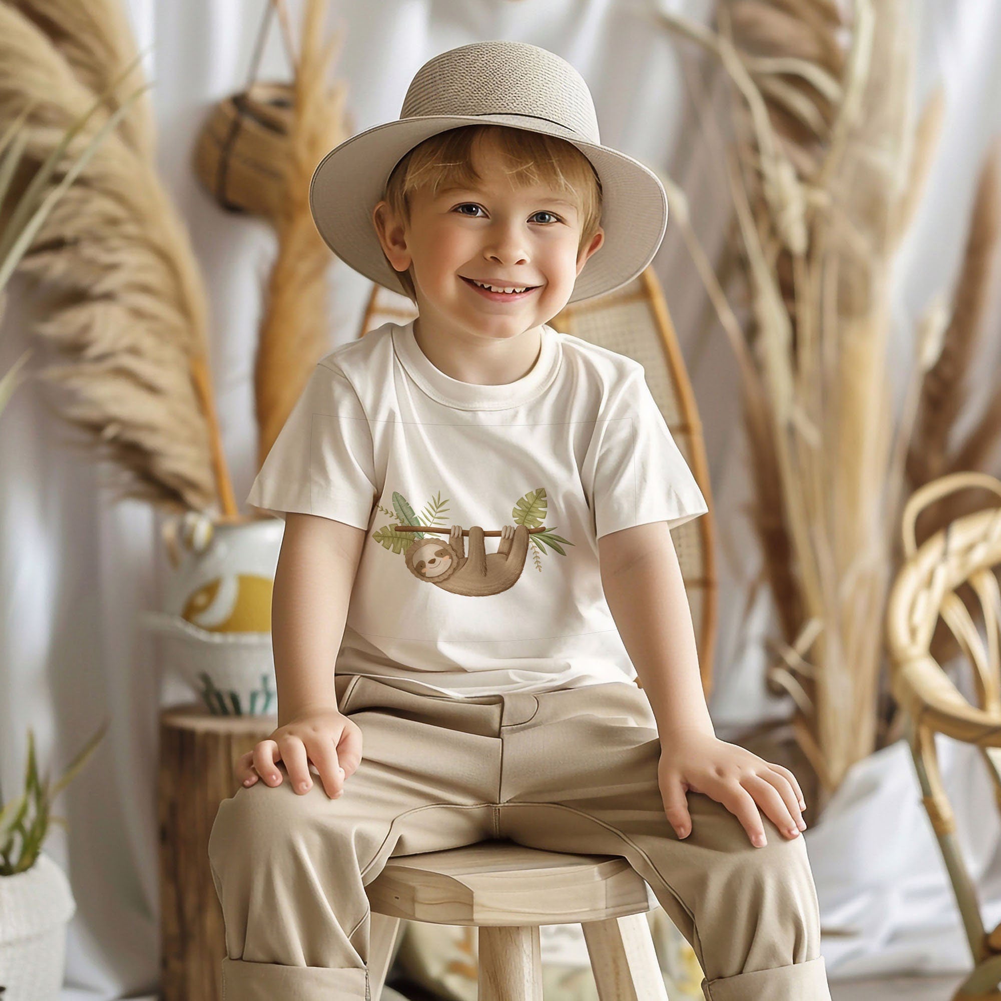 A smiling child in a wide-brimmed hat and My Stores Safari Animals Toddler T-Shirt, made from 100% ringspun combed cotton, sits on a stool surrounded by dried plants and neutral decor, creating a warm atmosphere. Machine washable for comfort, its ideal for adventurous little ones.