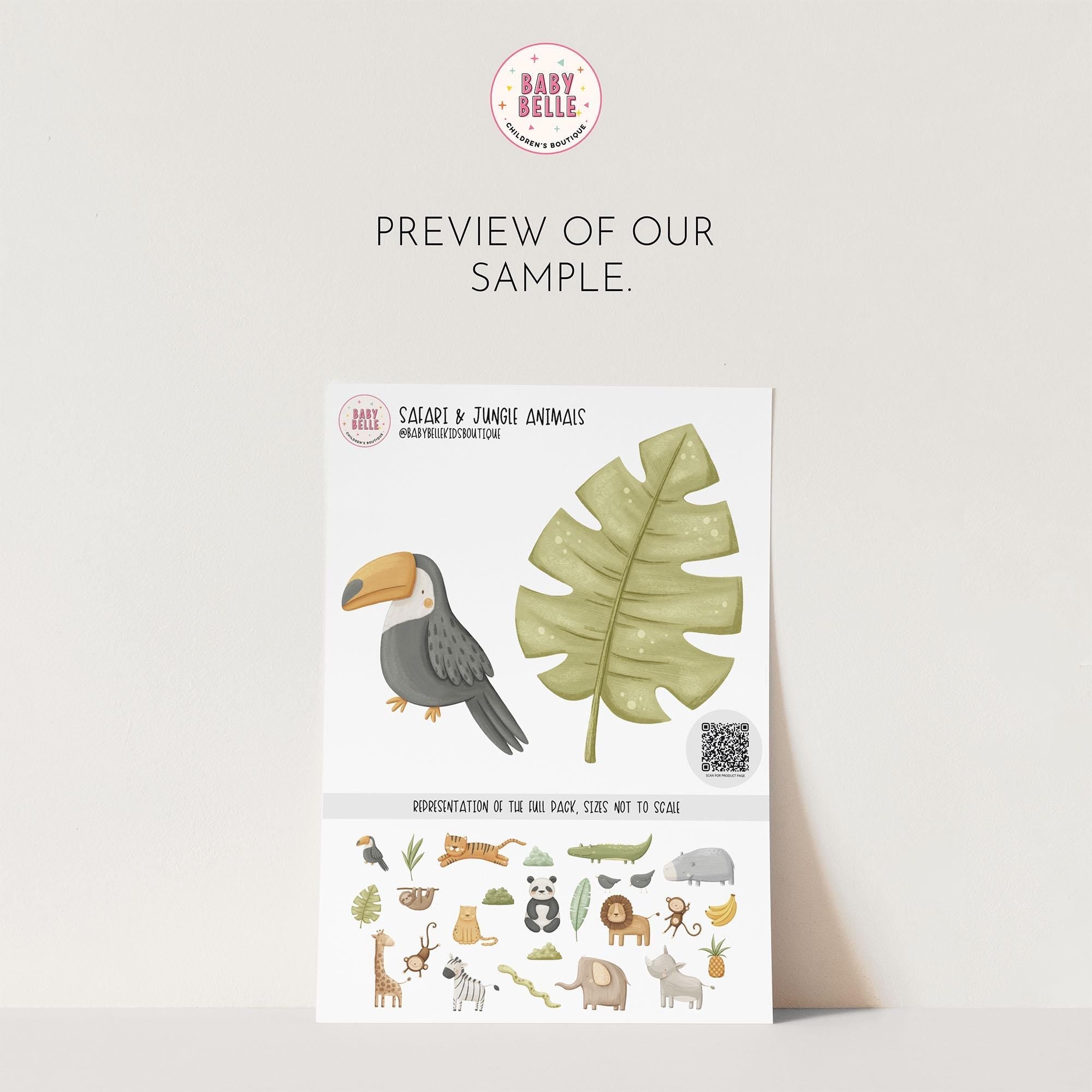 A My Store leaflet features jungle-themed illustrations, like a toucan and large leaf. Safari & Jungle Animal Stickers embellish the bottom. The text says Preview of our sample and Safari & Jungle Animals, ideal for nursery decor delights.
