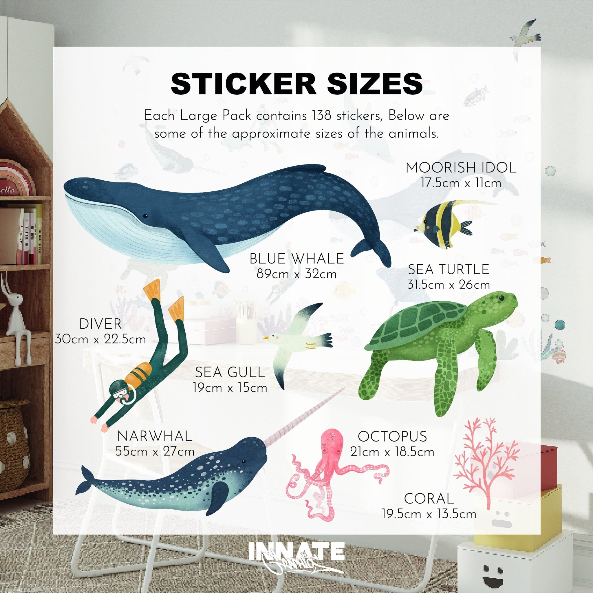 The Sea Animals Stickers by My Store feature marine animals like a blue whale, sea turtle, and narwhal. Each decals size is provided, set against a childs room backdrop with toys for an enchanting underwater theme.