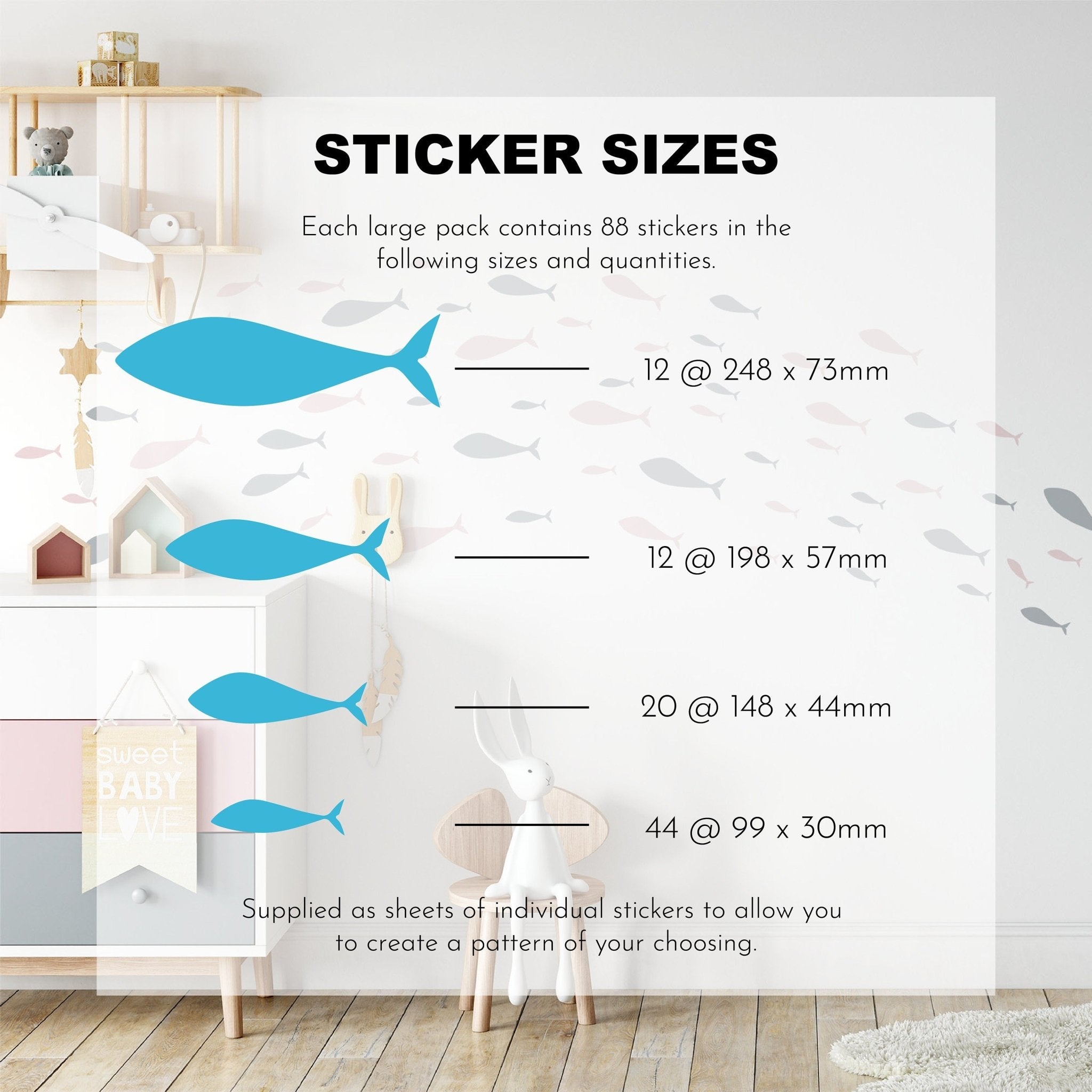 The nursery decor is enhanced by My Stores Shoaling Fish Stickers featuring fish-shaped removable decals: 12 large, 12 medium, 20 small, and 44 extra-small, totaling 88. In the background, a shelf filled with toys and plants adds coziness.
