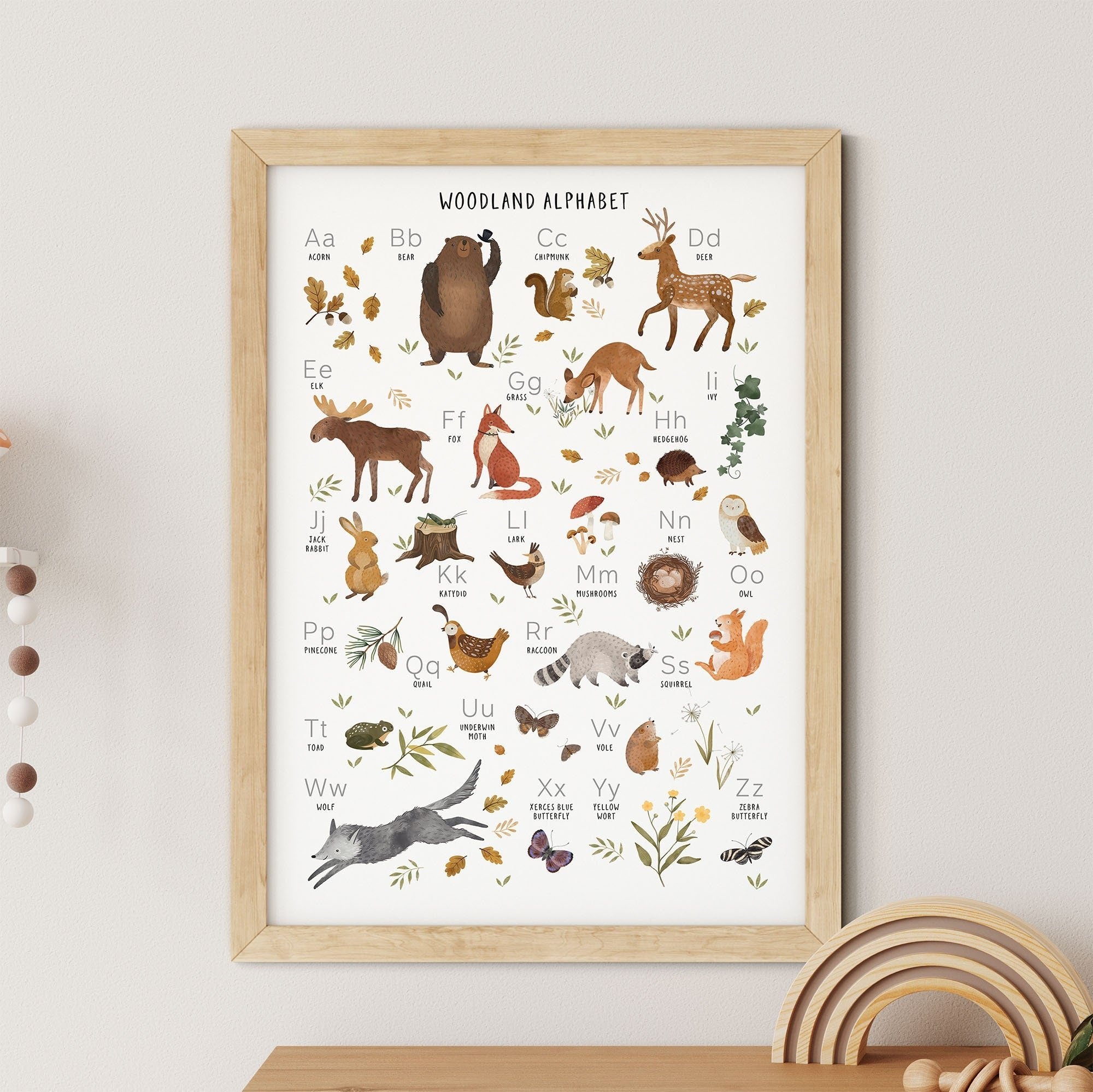 The Woodland Alphabet Nursery Print by My Store is an enchanting framed poster featuring illustrated woodland animals and plants for each letter A to Z, with playful fonts and natural colors. This educational artwork includes a bear, deer, owl, and fox.