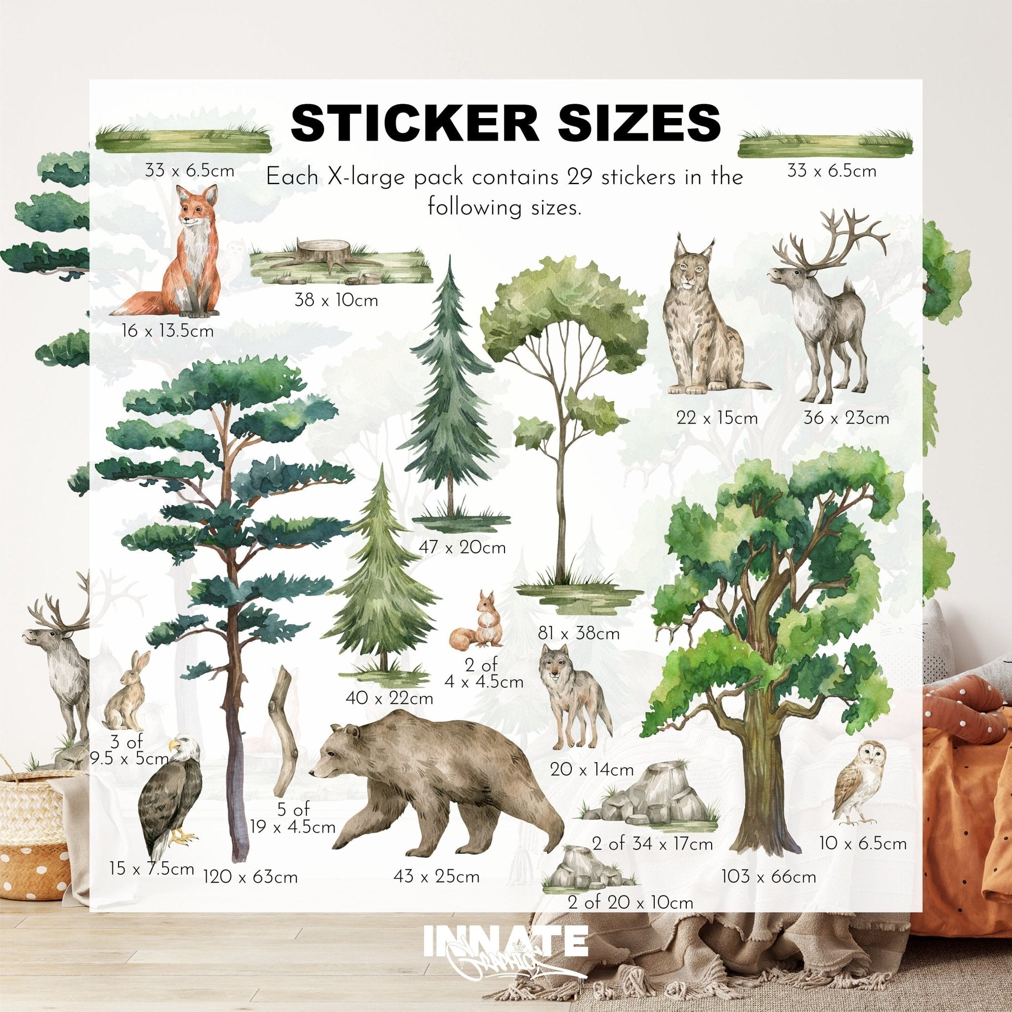 The image displays My Stores Woodland Animals Nursery Stickers, featuring 29 nature-themed, removable decals in an X-large pack. Sizes range from 5.5 cm to 40 cm and include foxes, deer, bears, and trees to add charm to any space.