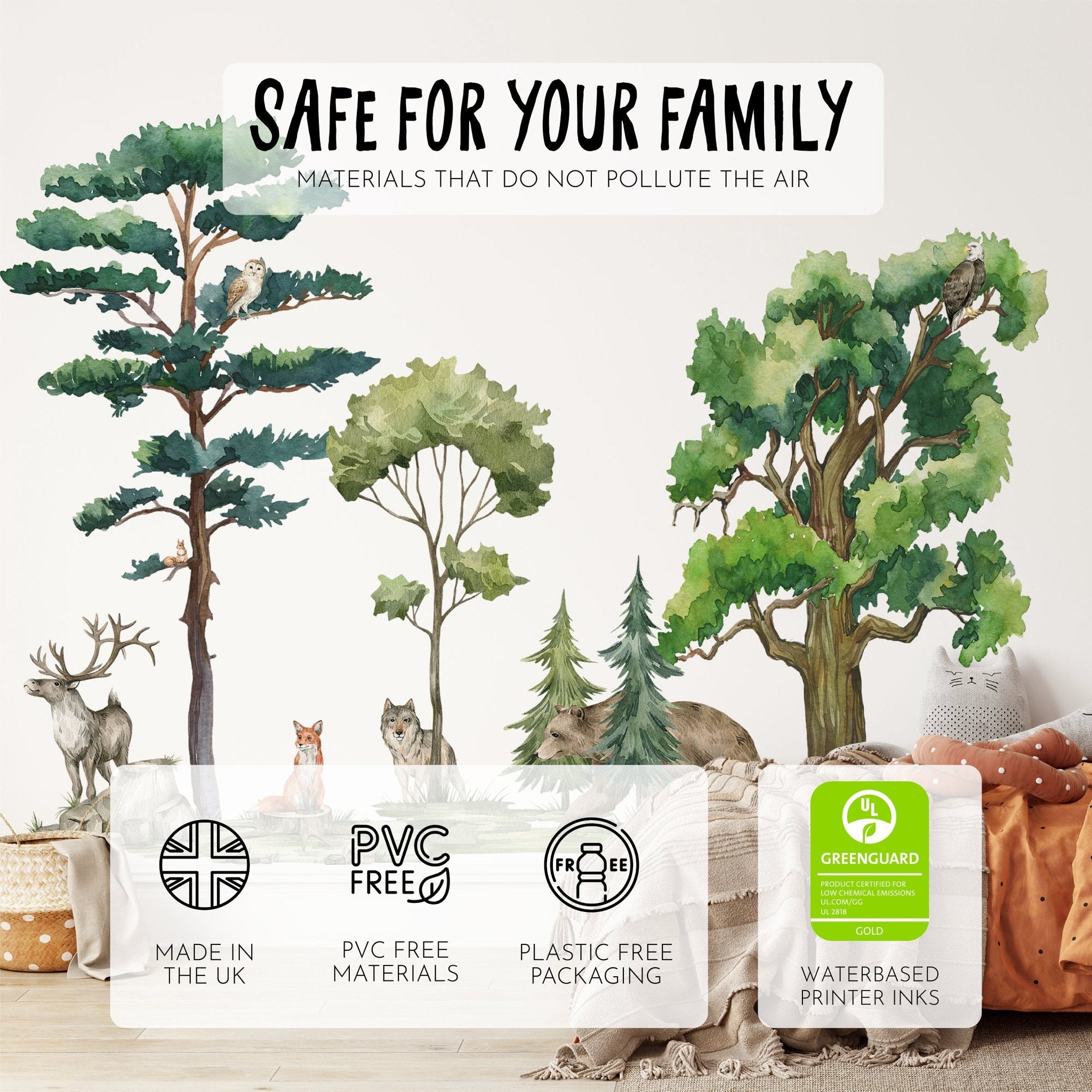 Woodland Animals Nursery Stickers by My Store create a serene forest scene with diverse animals and trees. They are Safe for Your Family, Materials That Do Not Pollute Air, and feature icons for Made in the UK, PVC Free, Plastic Free Packaging, and Waterbased Printer Inks.