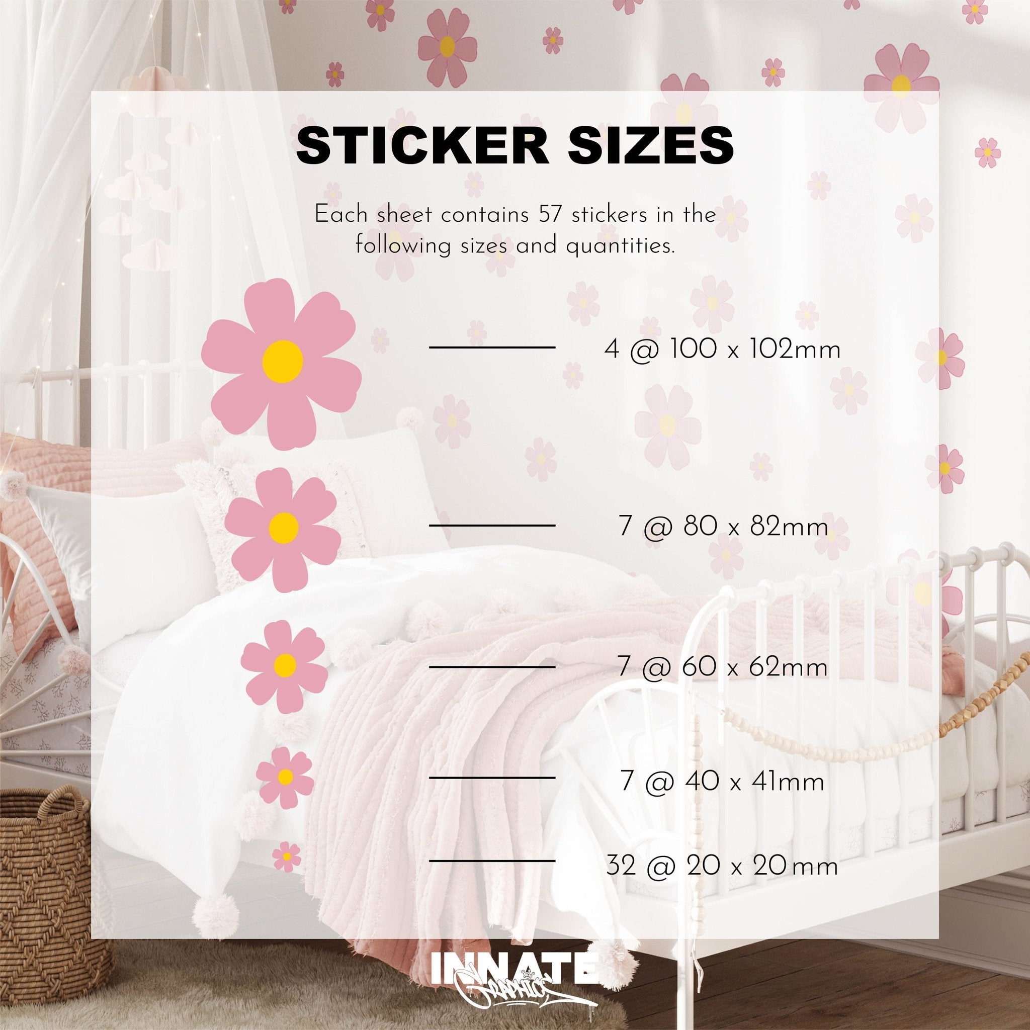 A cozy bedroom showcases a white bed adorned with My Stores Pink Daisy Stickers. An overlay chart displays sizes: 4 large, 7 medium, 7 small, 7 tiny, and 32 mini decals per sheet (57 stickers total). Note: Sticker Sizes.
