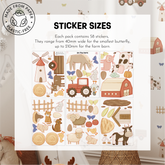 On The Farm Wall Decals by My Store: eco-friendly, plastic-free paper stickers featuring animals, a barn, tractor, windmill, and butterflies—great as nursery wall décor. Includes sticker size info.