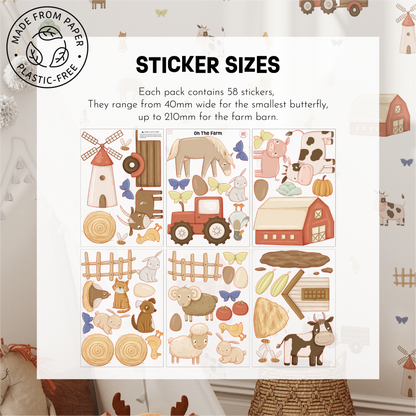 On The Farm Wall Decals by My Store: eco-friendly, plastic-free paper stickers featuring animals, a barn, tractor, windmill, and butterflies—great as nursery wall décor. Includes sticker size info.
