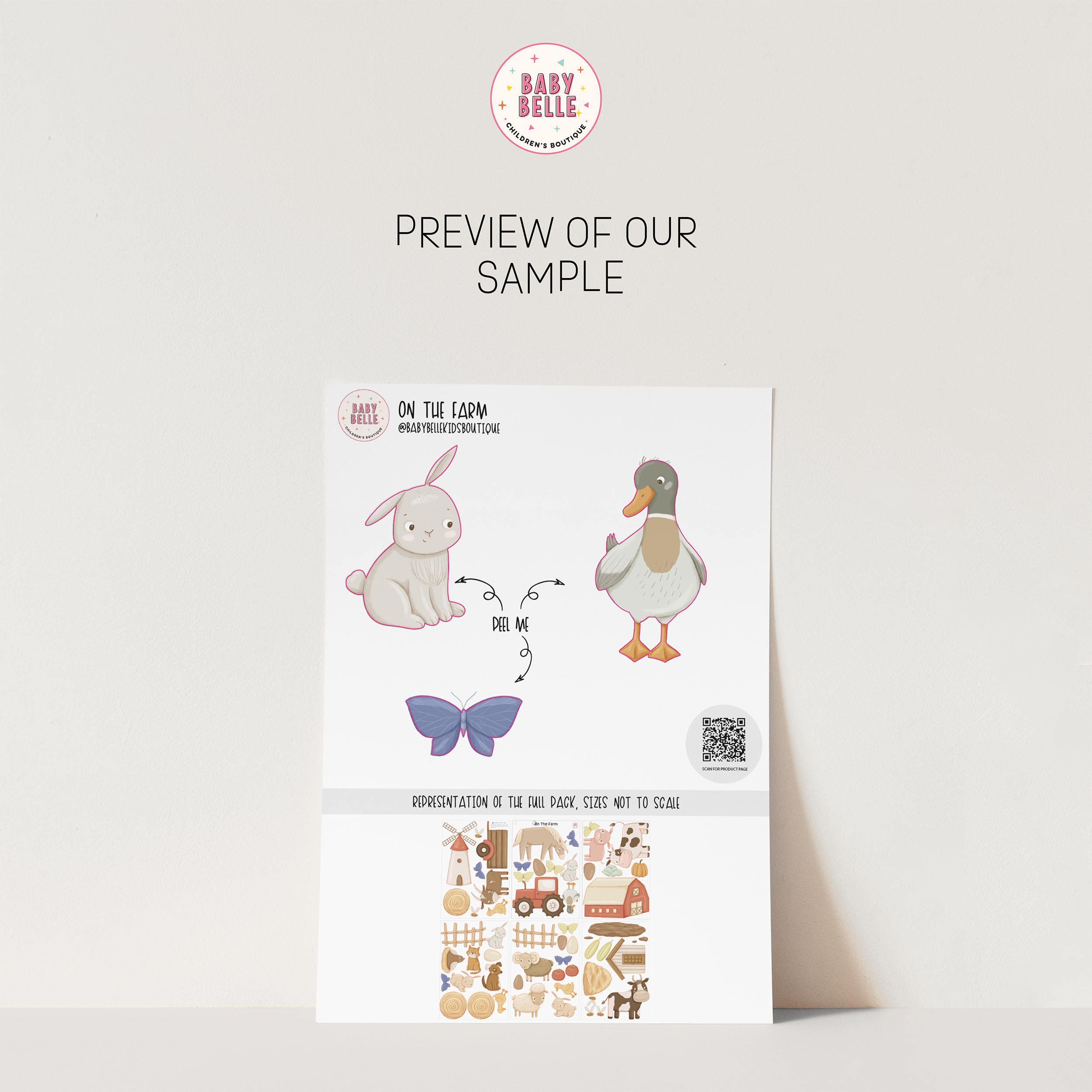 A sample sheet shows a bunny, duck, and purple butterfly above farm-themed wall decals. With a light background and My Store branding, On The Farm Wall Decals are charming—perfect nursery wall stickers.