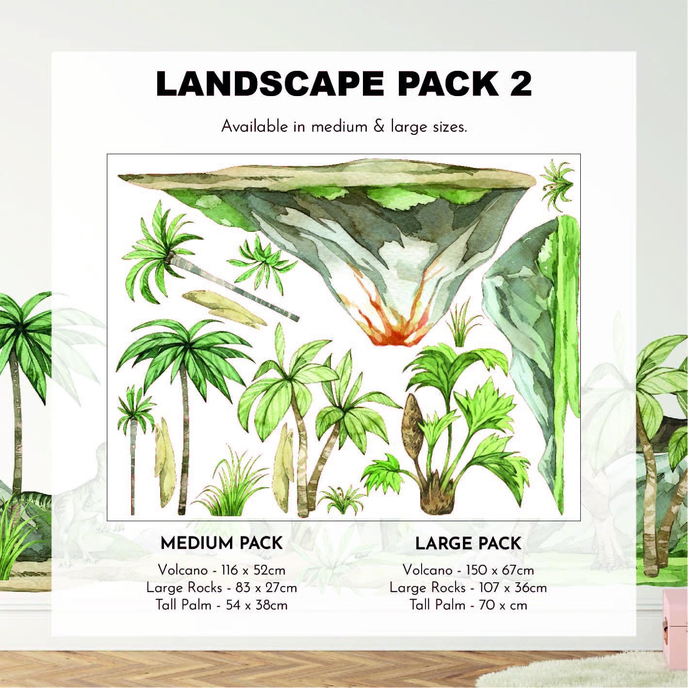 The Dinosaur Nursery Stickers from My Store feature two landscape packs with dinosaur decals, including volcanoes (116x55cm &amp; 150x67cm), large rocks (83x27cm &amp; 107x36cm), and tall palm trees (54x38cm). Perfect for design use.