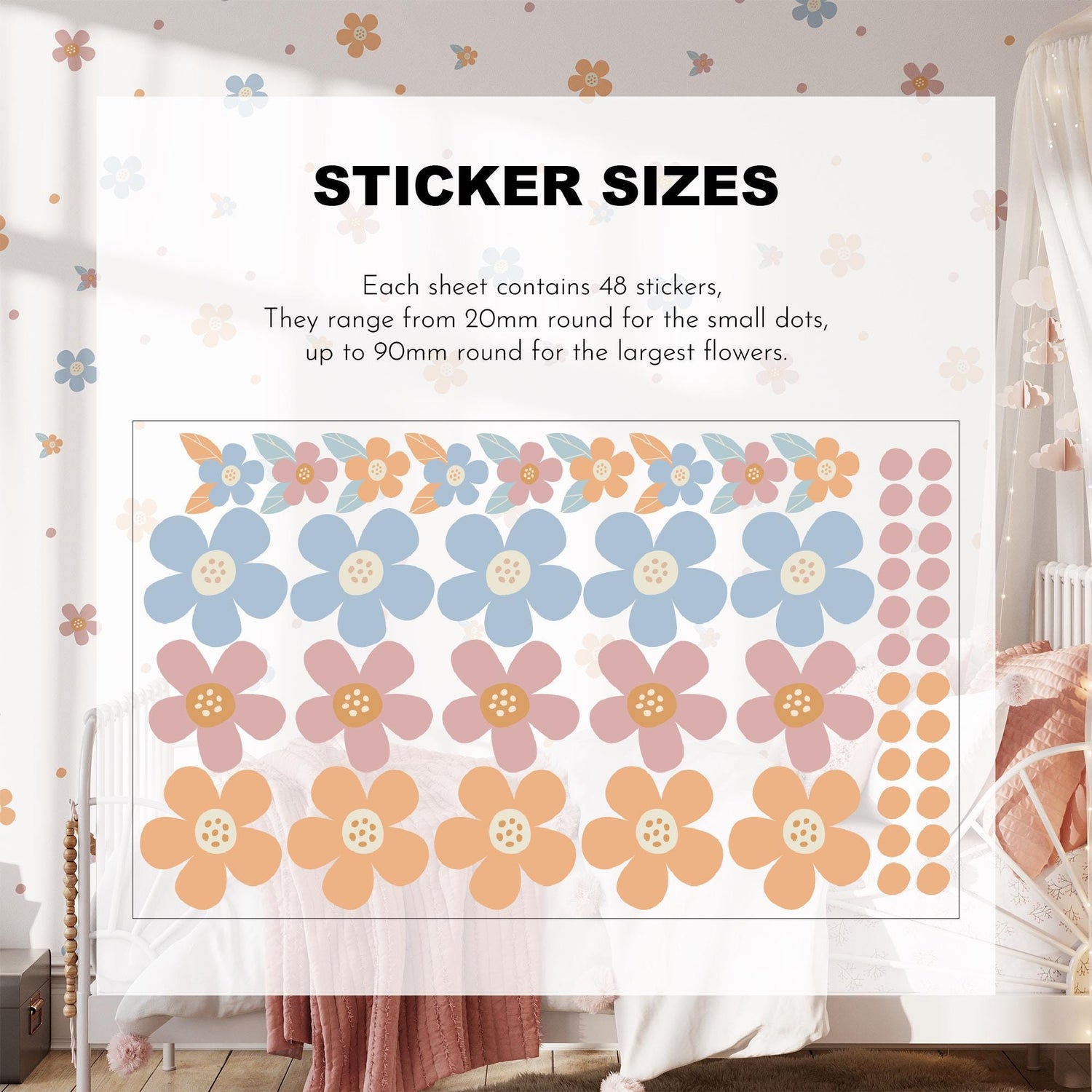 Coloured Daisy Wall Decals, Kids Room Daisies Wall Stickers, Nursery Theme, Playroom, Bedroom Decor, Peel &amp; Stick Flower Decals,