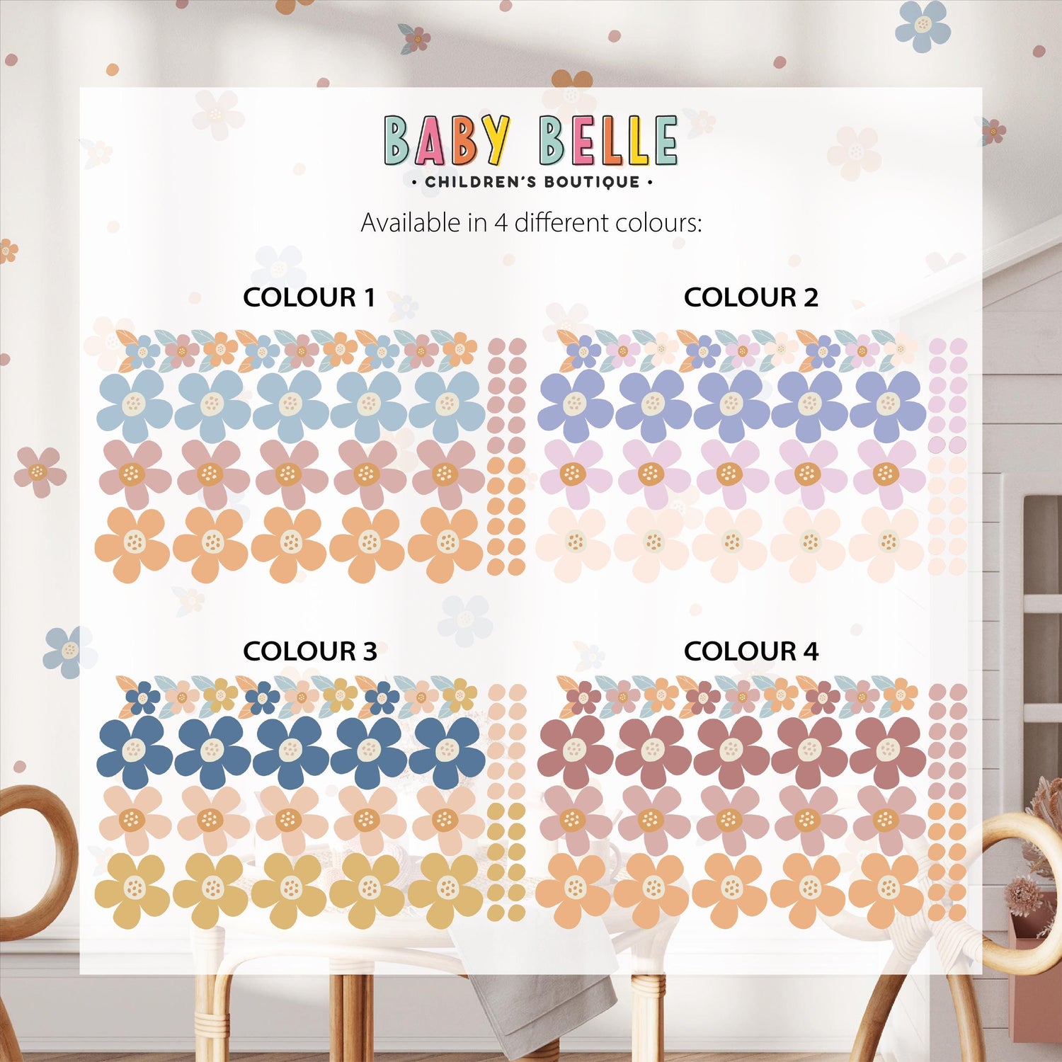 Coloured Daisy Wall Decals, Kids Room Daisies Wall Stickers, Nursery Theme, Playroom, Bedroom Decor, Peel &amp; Stick Flower Decals,