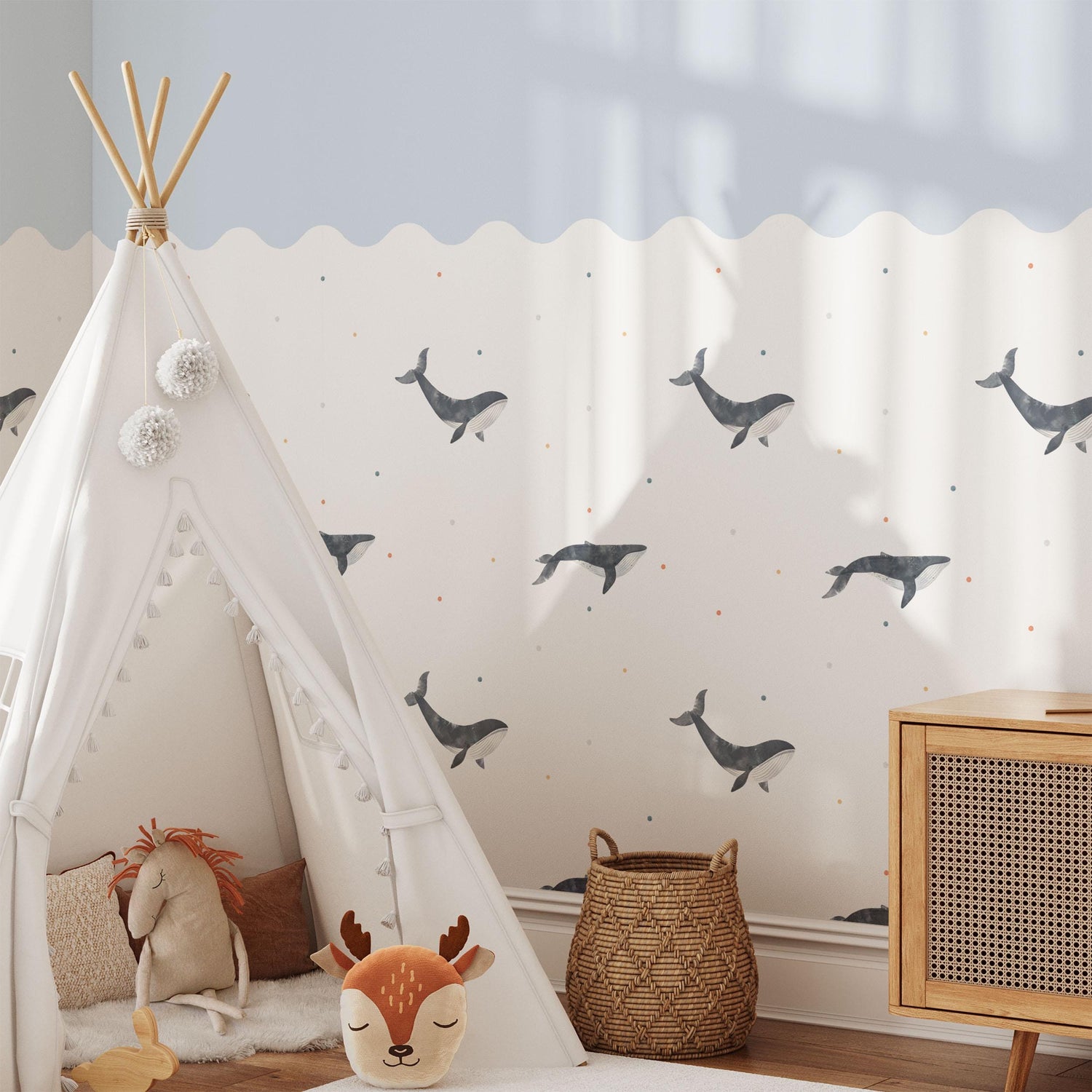 Whales Wall Panel, Half Wall Nursery Stickers, Sea Animals Nursery Decor, Removable Art, Polka Dot Decals, Peel &amp; Stick