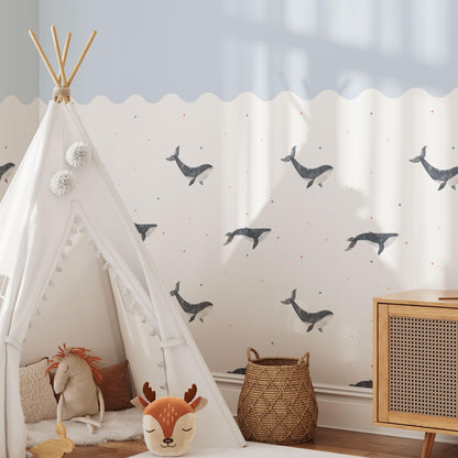 Whales Wall Panel, Half Wall Nursery Stickers, Sea Animals Nursery Decor, Removable Art, Polka Dot Decals, Peel &amp; Stick