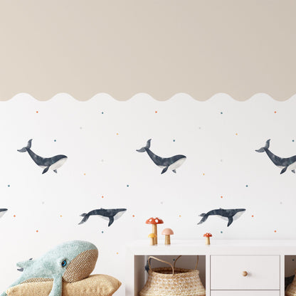 Whales Wall Panel, Half Wall Nursery Stickers, Sea Animals Nursery Decor, Removable Art, Polka Dot Decals, Peel &amp; Stick