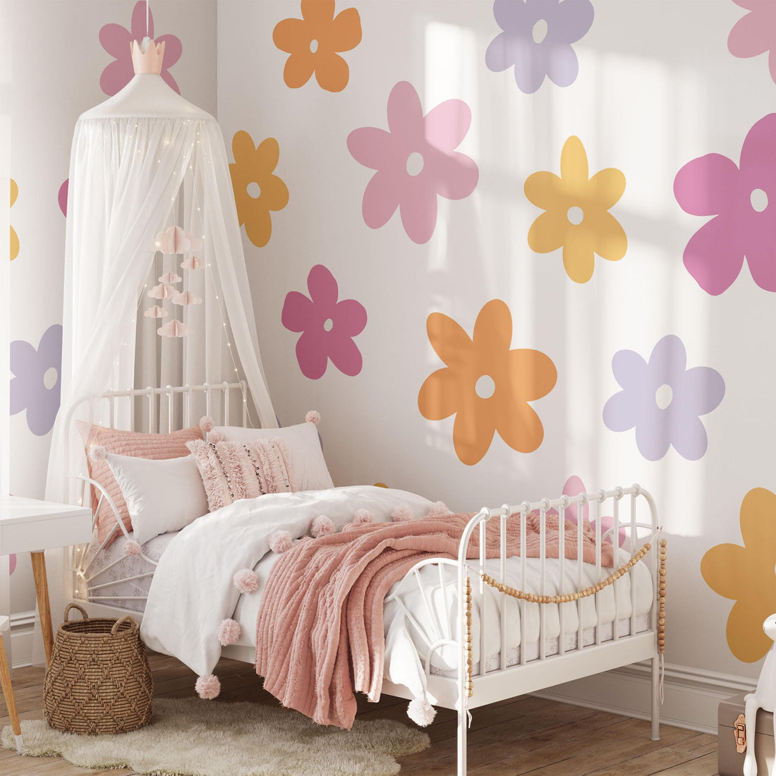 Vibrant Flower Wall Decals, Flower Nursery Stickers, Nursery Decor, Removable Wall Art, Polka Dot Decals, Peel &amp; Stick