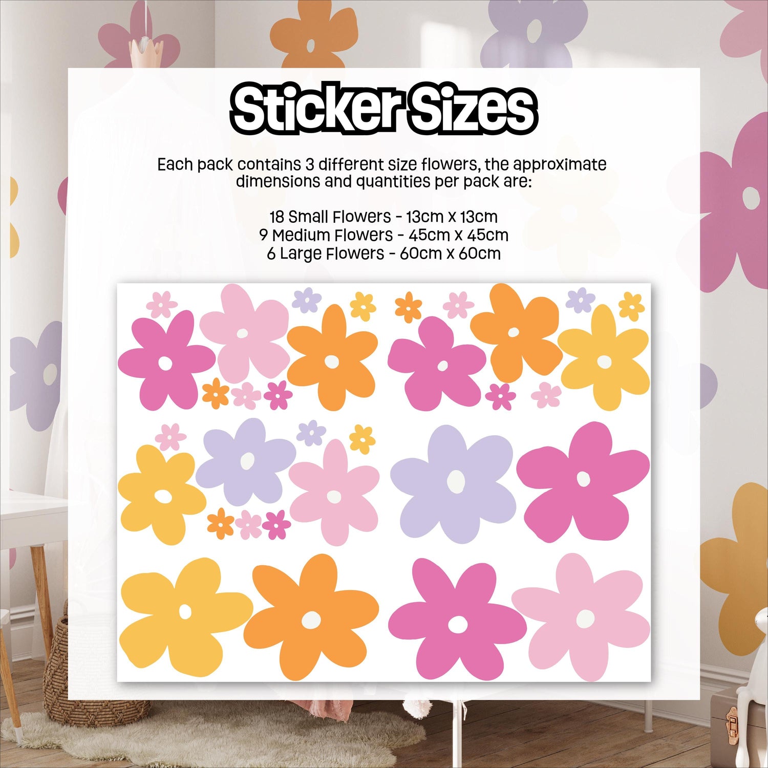 Vibrant Flower Wall Decals, Flower Nursery Stickers, Nursery Decor, Removable Wall Art, Polka Dot Decals, Peel &amp; Stick