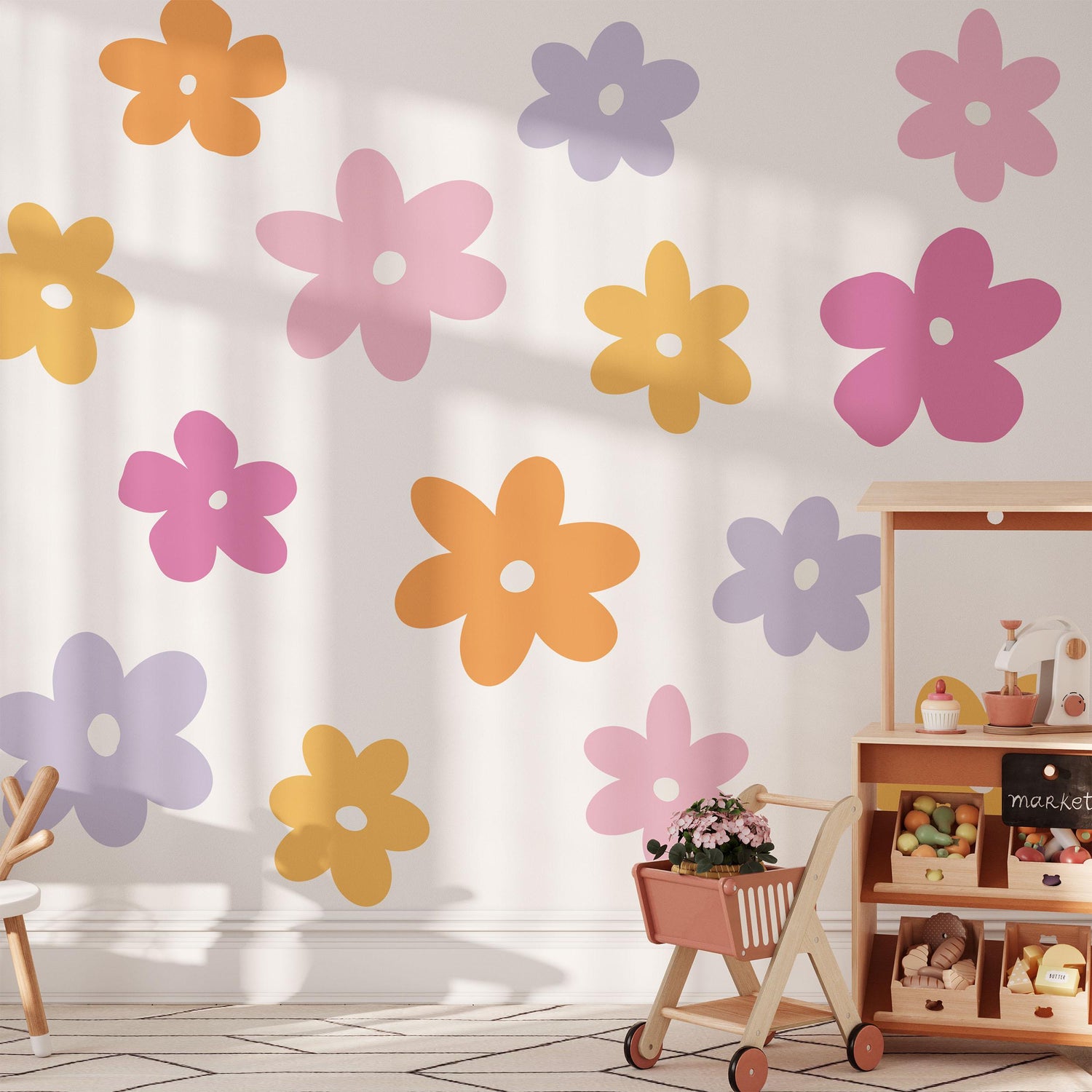 Vibrant Flower Wall Decals, Flower Nursery Stickers, Nursery Decor, Removable Wall Art, Polka Dot Decals, Peel &amp; Stick