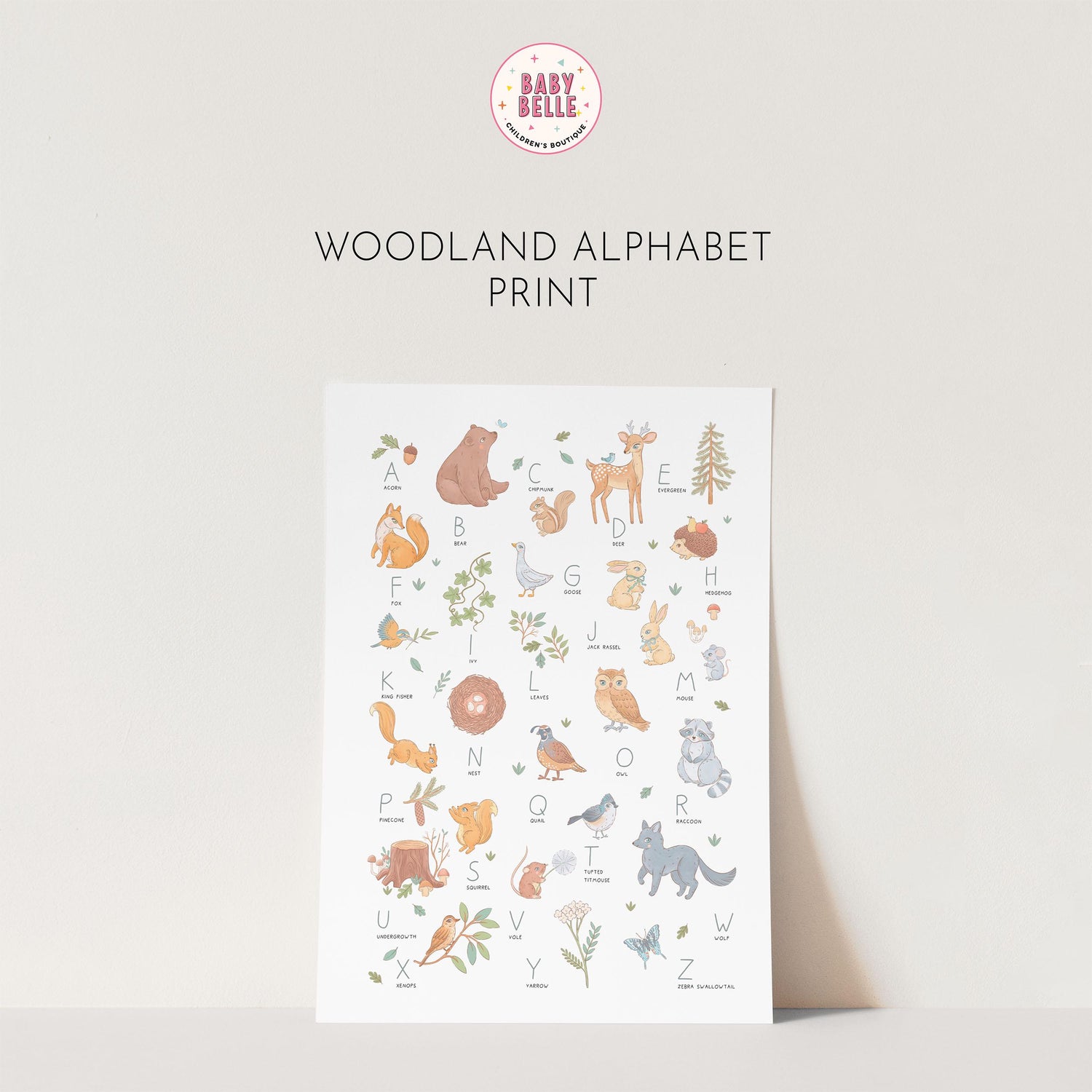 Woodland Watercolour Alphabet Nursery Print: A-Z Bears, Deer &amp; Wildlife Wall Art