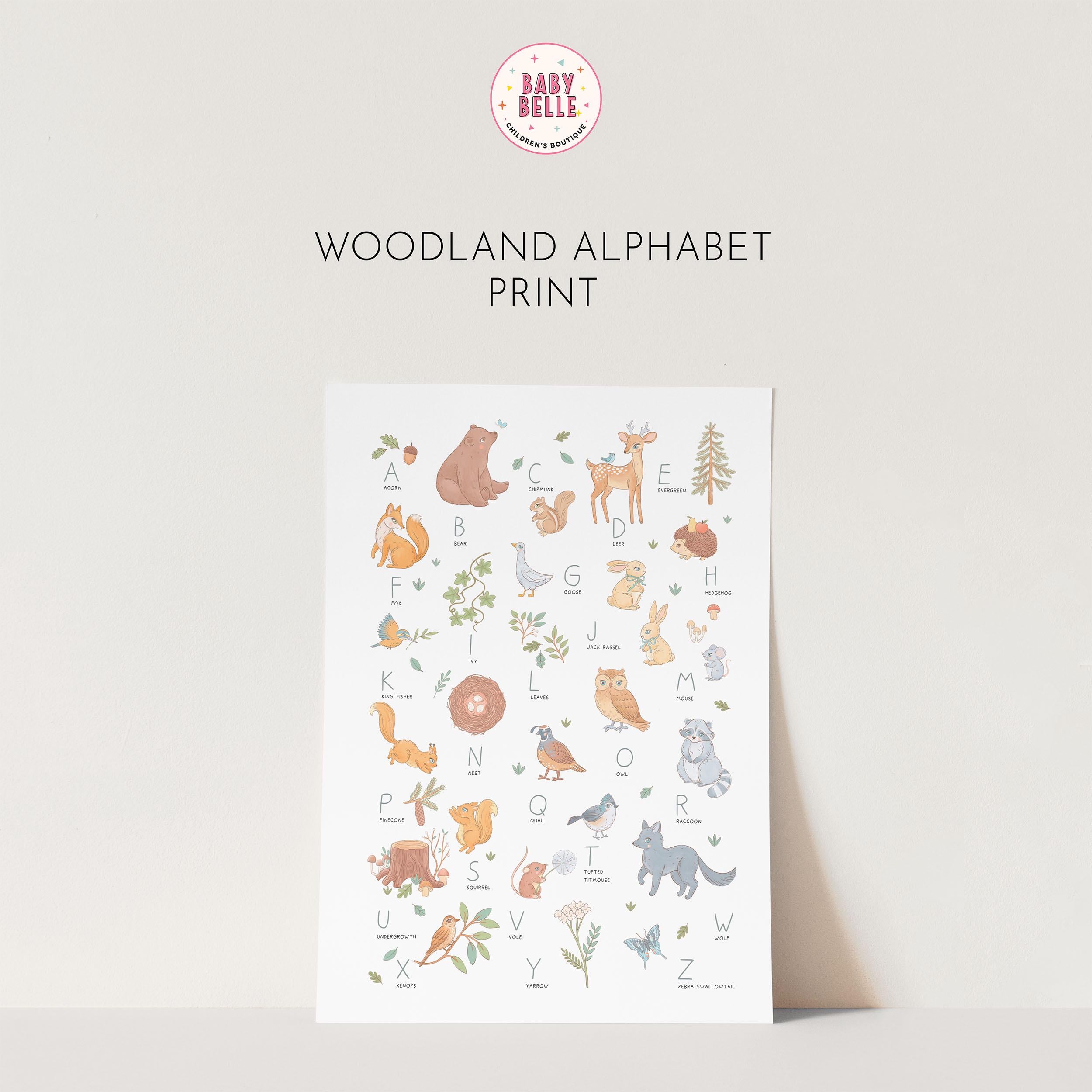 Woodland Watercolour Alphabet Nursery Print: A-Z Bears, Deer &amp; Wildlife Wall Art