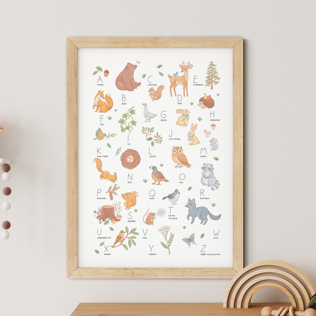 Woodland Watercolour Alphabet Nursery Print: A-Z Bears, Deer &amp; Wildlife Wall Art