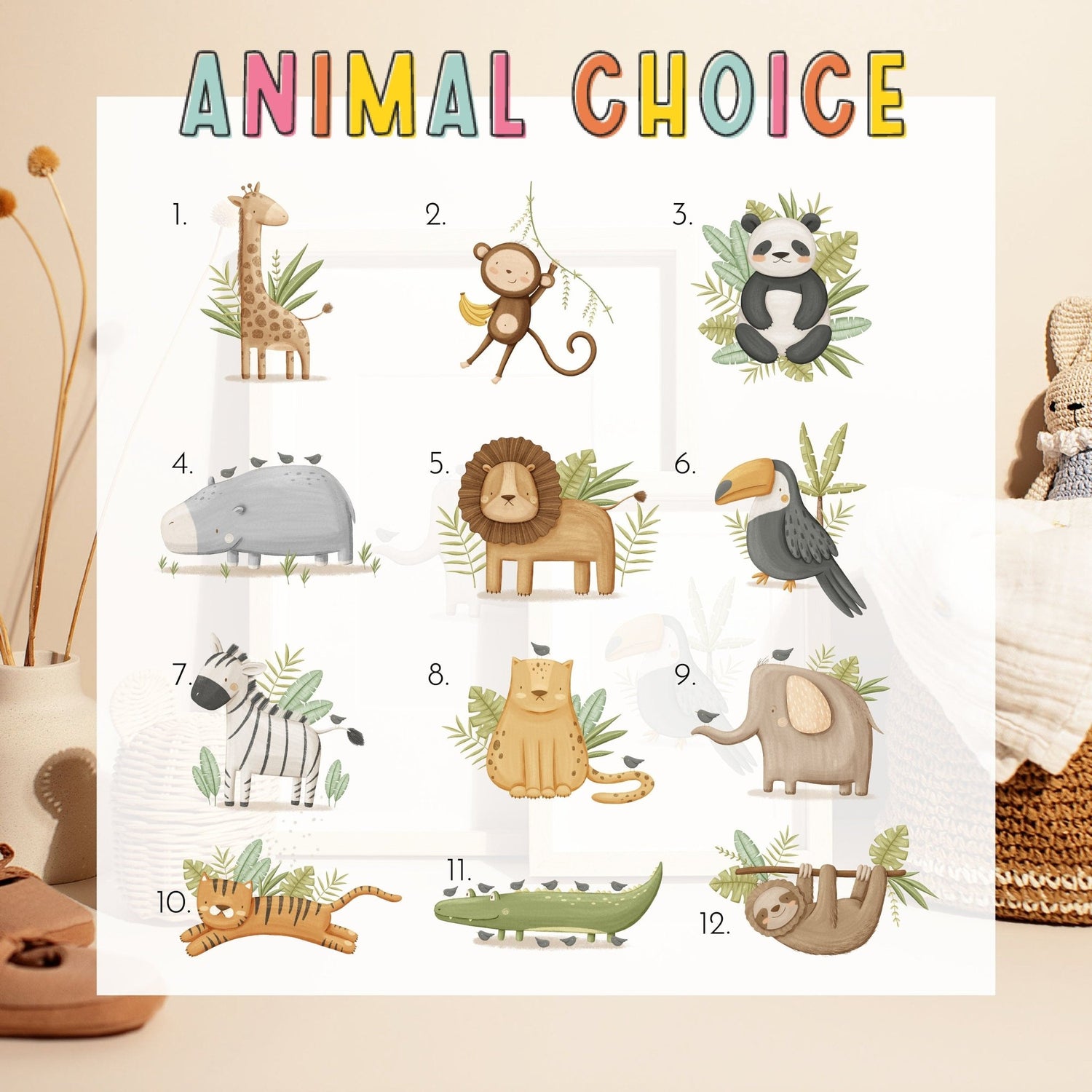 The Animal Choice chart by My Store is a charming nursery print titled Safari Animals Nursery Prints, featuring giraffe, monkey, panda, hippopotamus, lion, toucan, zebra, cat, snake, tiger, crocodile &amp; elephant playfully illustrated with leaves on a white background—ideal for nursery art.