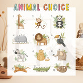 The Animal Choice chart by My Store is a charming nursery print titled Safari Animals Nursery Prints, featuring giraffe, monkey, panda, hippopotamus, lion, toucan, zebra, cat, snake, tiger, crocodile & elephant playfully illustrated with leaves on a white background—ideal for nursery art.