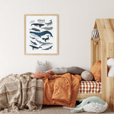 A cozy childrens room includes a wooden bed with animal-shaped cushions like a cat and whale. The orange and beige bedding complements My Stores Whales Of The World Nursery Print, featuring various whale illustrations as nursery art.